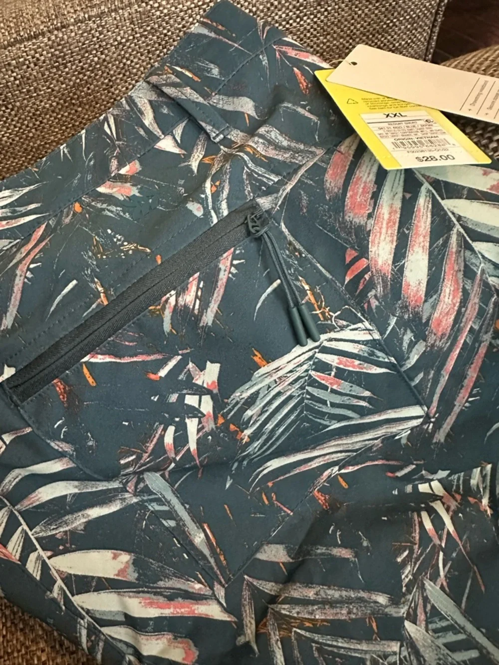 Tropical Leaf Print men’s swim trunks/hybrid shorts in Teal and Coral